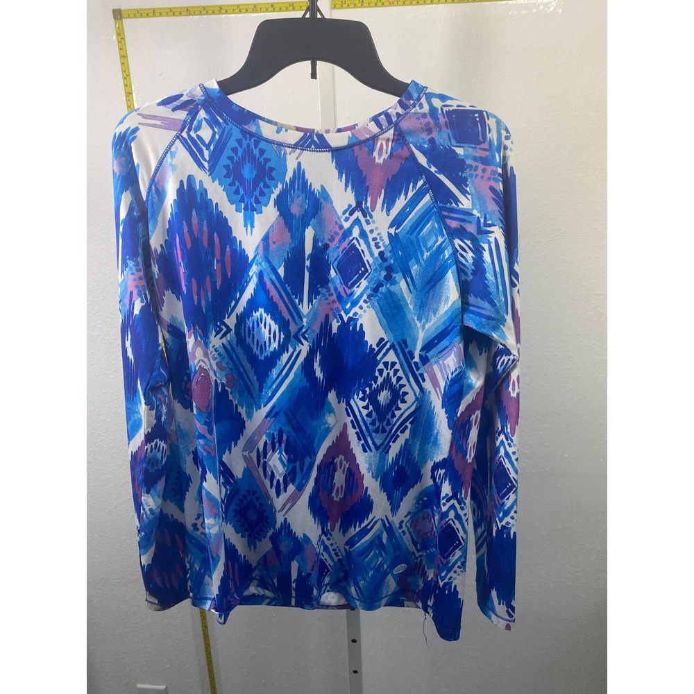 Reel Legends‎ Keep-It-Cool Womens Blue Ikat Geometric Sun Shirt Long Sleeve M